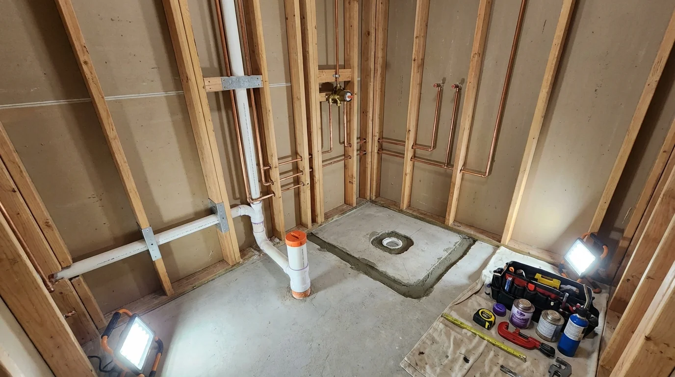 Bathroom rough-in plumbing during remodel by Johns Plumbing LLC in Ludlow