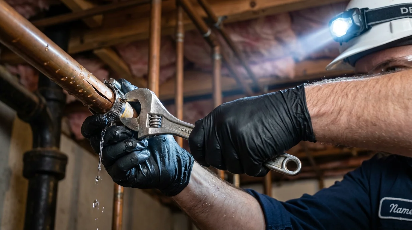 Emergency pipe clamp repair being performed by a Johns Plumbing LLC plumber in Ludlow
