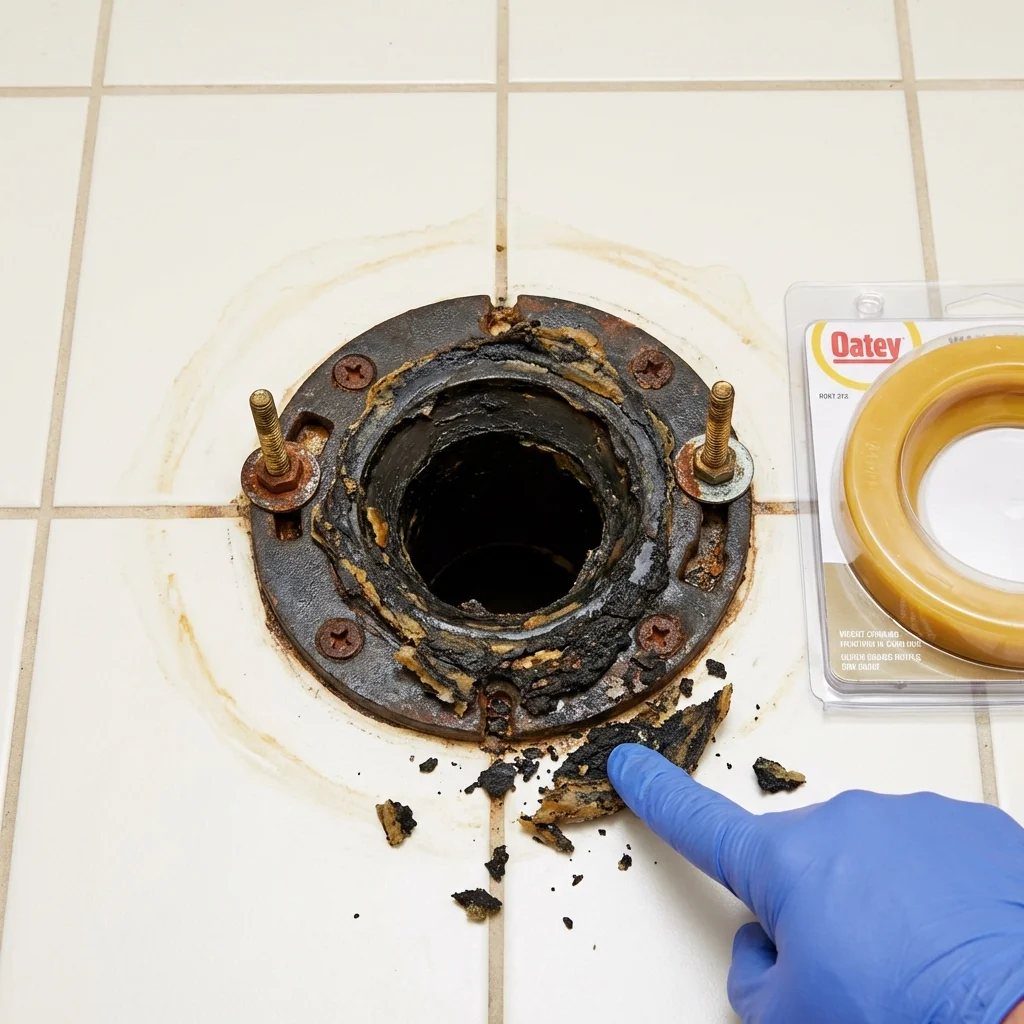 Failed wax ring showing water seepage at the base of a toilet in a Ludlow, MA home