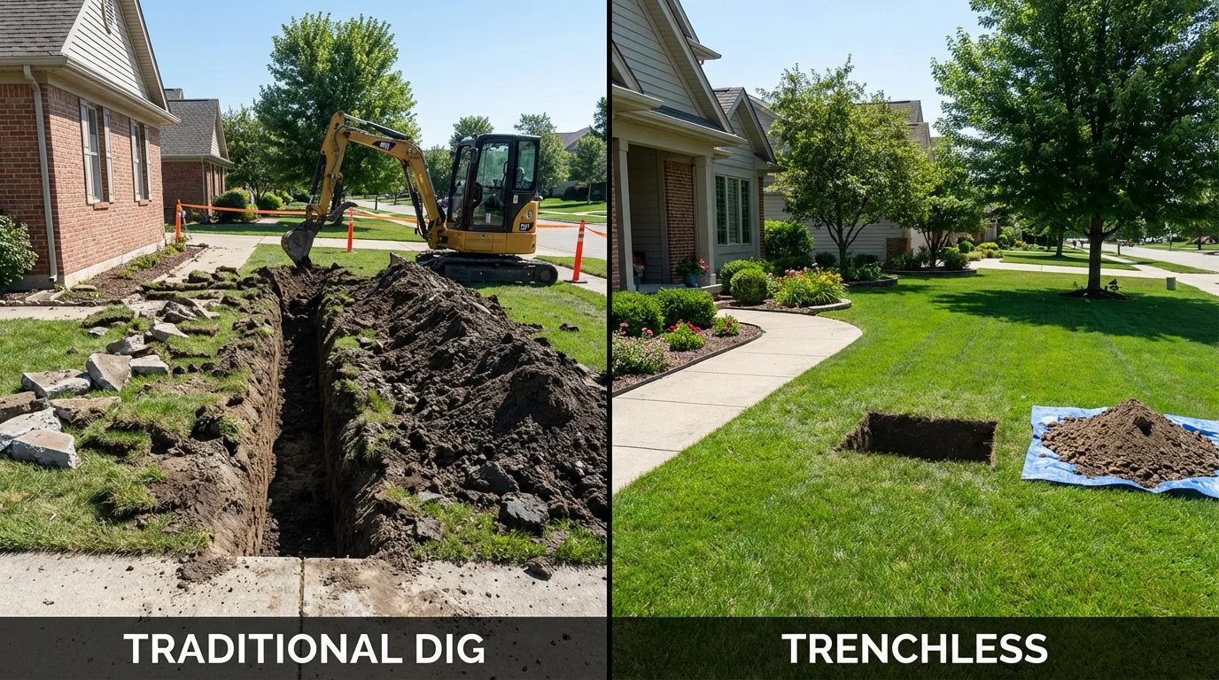 Trenchless sewer repair with minimal yard damage versus traditional excavation in Ludlow, MA